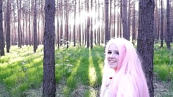 Beautiful girl sucks in the forest in nature